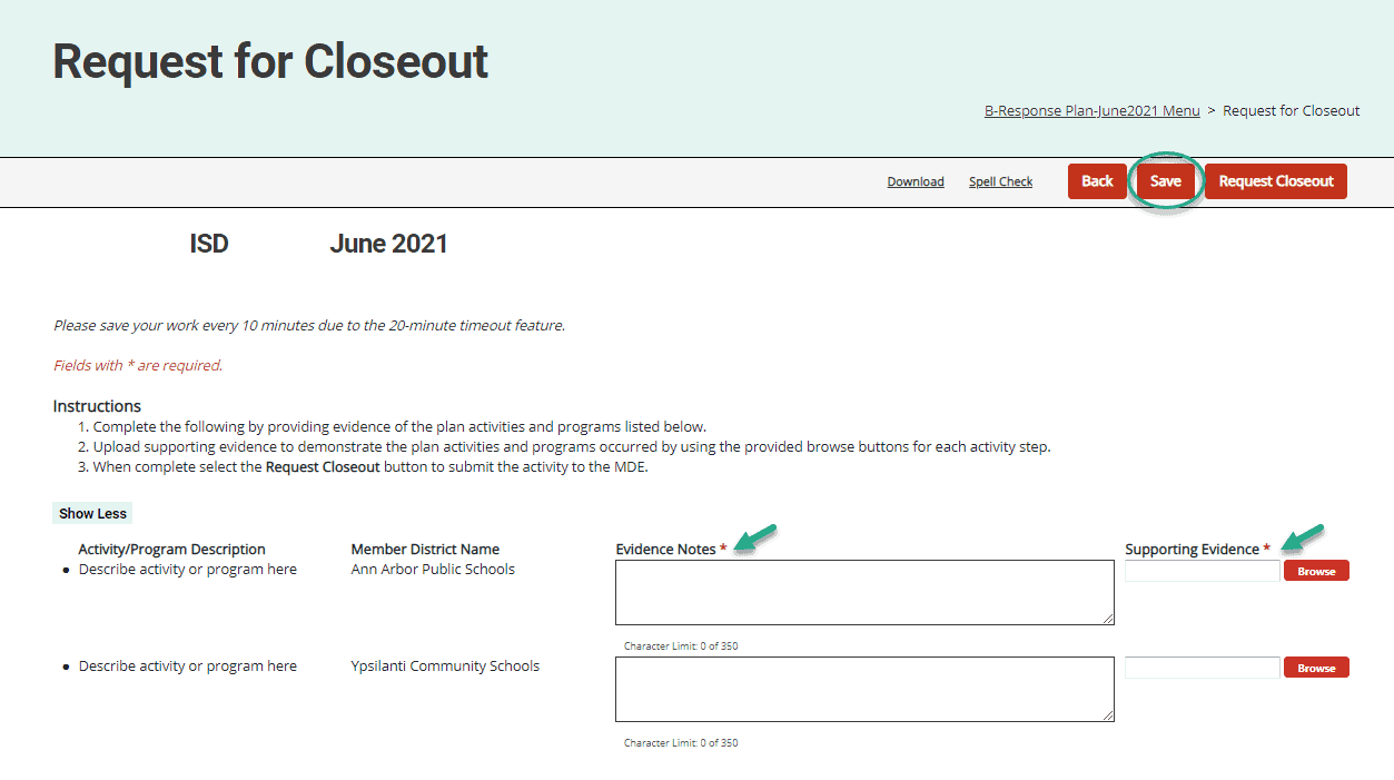 Request for Closeout Form