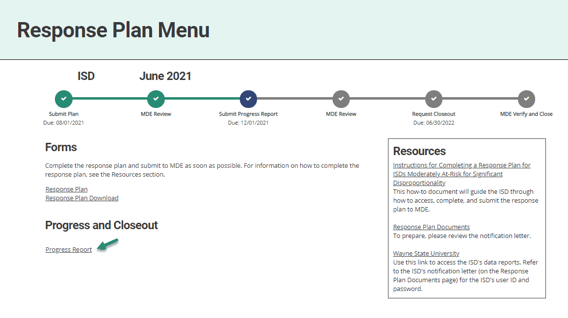 Response Plan Menu Progress Report
