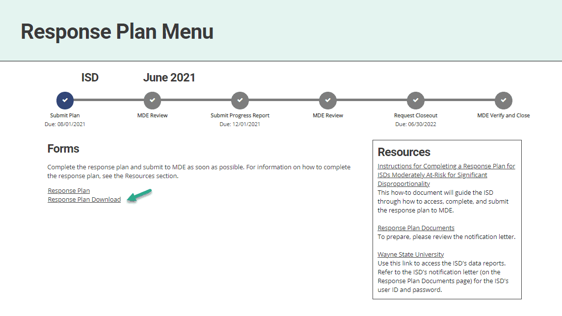 Response Plan Menu showing Response Plan Download link.