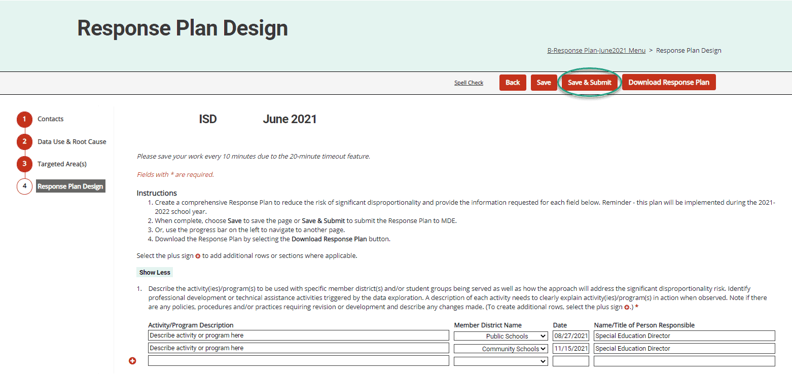 Response Plan Design Save and Submit