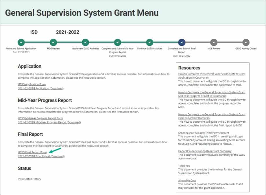 General Supervision System Grant Menu, final report link.