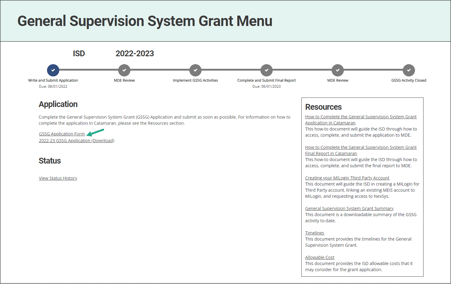 General Supervision System Grant Application Menu showing the application form.