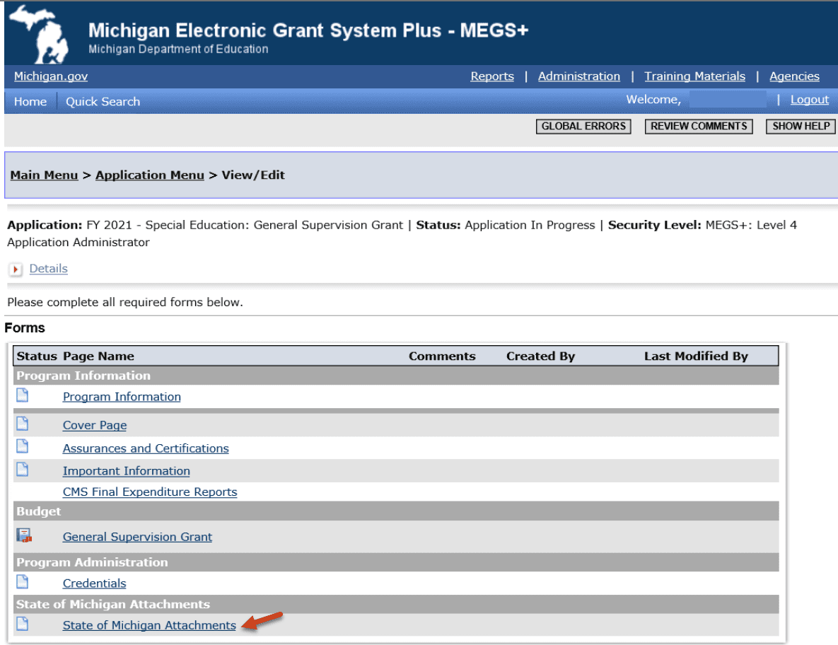 MEGS+ Forms list showing the State of Michigan Attachments link