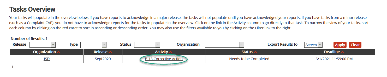 Tasks Overview showing the B-13 Corrective Action activity.