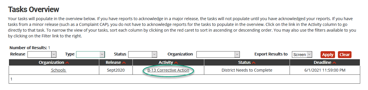 Tasks Overview showing the B-13 Corrective Action link.