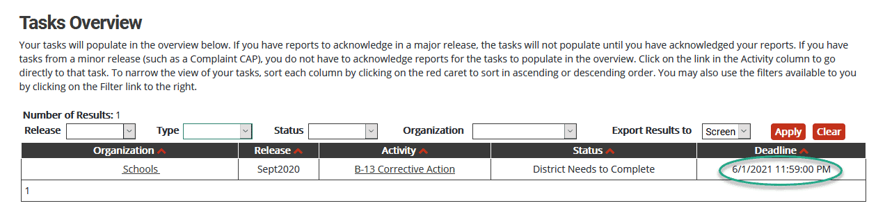 Tasks Overview showing the deadline