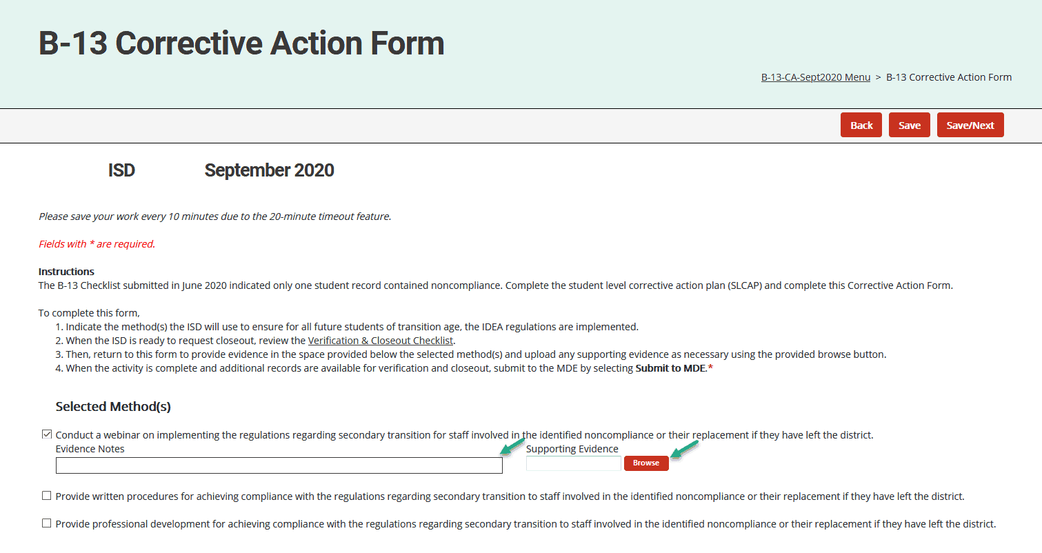 B-13 Corrective Action Form showing the evidence notes and supporting evidence browse button.