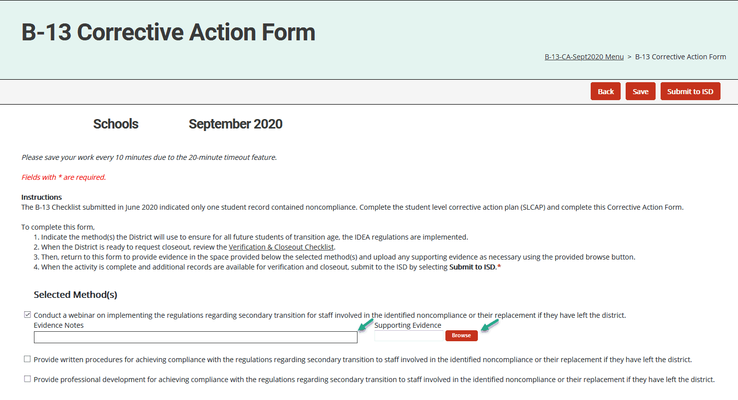 B-13 Corrective Action form showing the evidence notes and supporting evidence browse button.