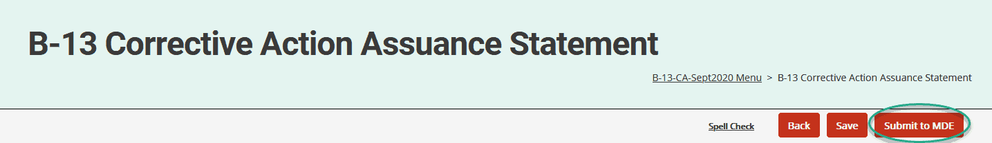 Submit to MDE button at the top of the B-13 Corrective Action Assurance Statement.