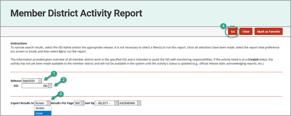 Screenshot of the Member District Activity Report page.