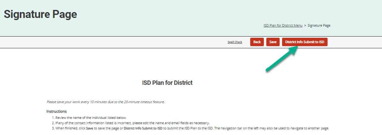 District Info Submit to ISD button