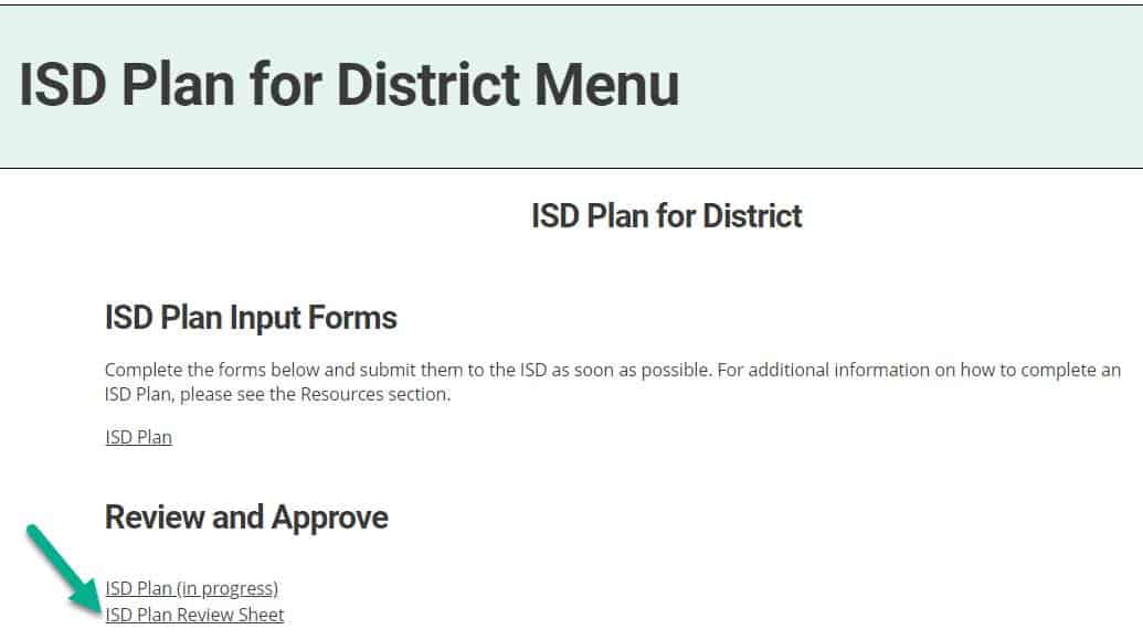 ISD Plan Review Sheet link on Menu