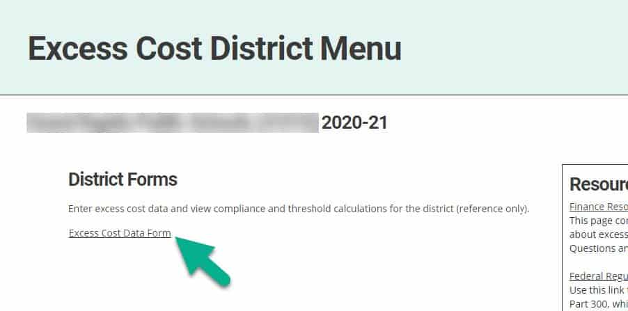 Excess Cost Data Form link