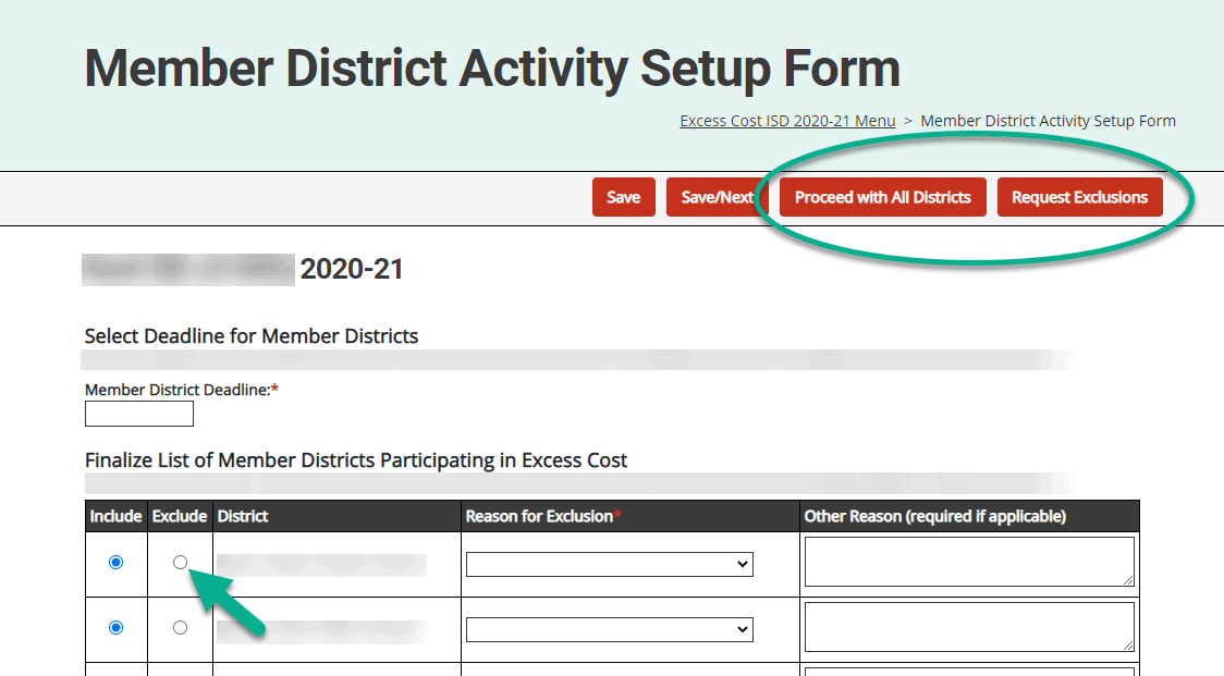 Proceed with all districts and request exclusions buttons