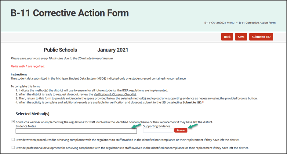 Corrective Action form with selected method.