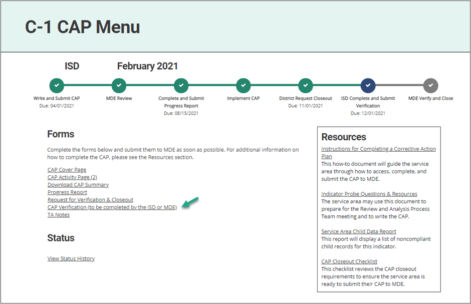 CAP Menu with CAP Verification link highlighted