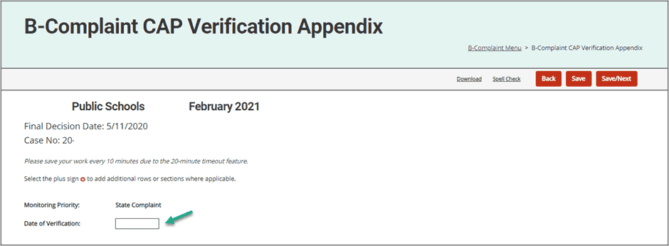Complaint CAP Verification Appendix Date