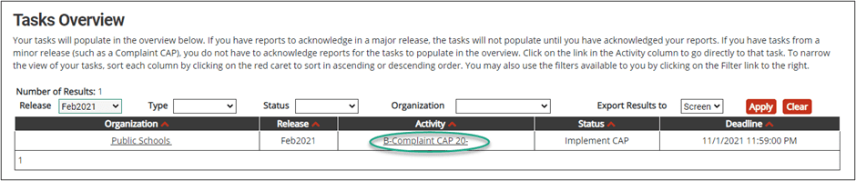 Tasks Overview menu with B-Complaint activity highlighted