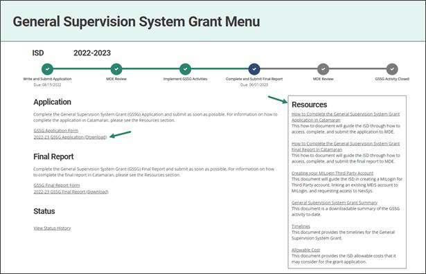 General Supervision System Grant Menu with arrows pointing to the Application Download and Resources box.
