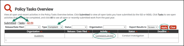 Policy Tasks Overview shown with Type as Complaint and Activity name shown.