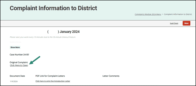 Complaint Information to District screenshot shown with link to Original Complaint.