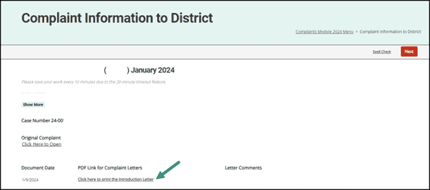 Complaint Information to District activity shown with arrow pointing towards Introduction Letter link.