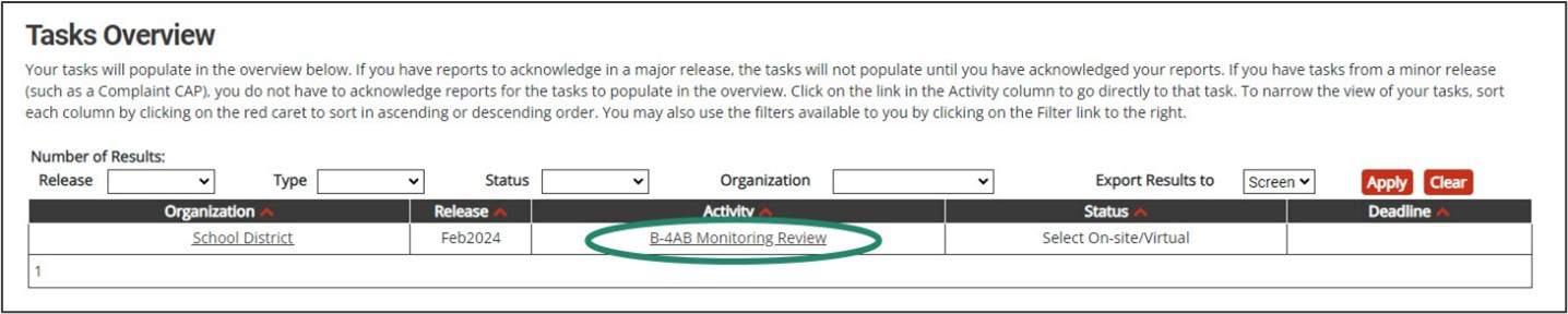 Tasks Overview shown with Monitoring Review activity circled.