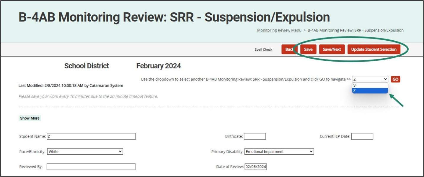 SRR - Suspension/Expulsion page shown with emphasis on navigating between students and the Save, Save/Next, and Update Student Selection buttons circled.