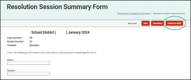 Resolution Session Summary Form activity shown with Submit to MDE button circled.
