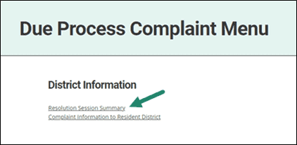Due Process Complaint Menu shown with Resolution Session Summary link shown.