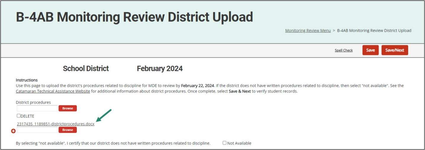 Monitoring Review District Upload page shown with arrow towards upload section.