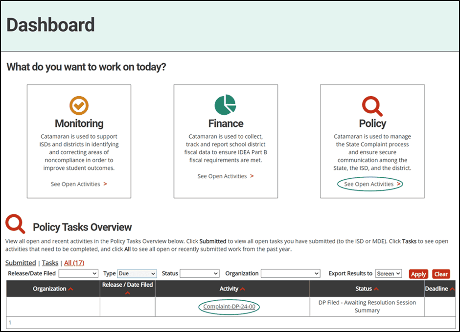 Policy Tasks Overview shown with Complaint activity circled.