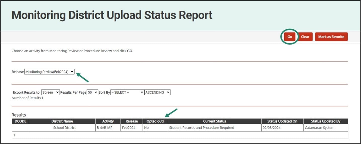 Monitoring District Upload Status Report page shown with emphasis on where to find Release, Opted Out, and the Go button.