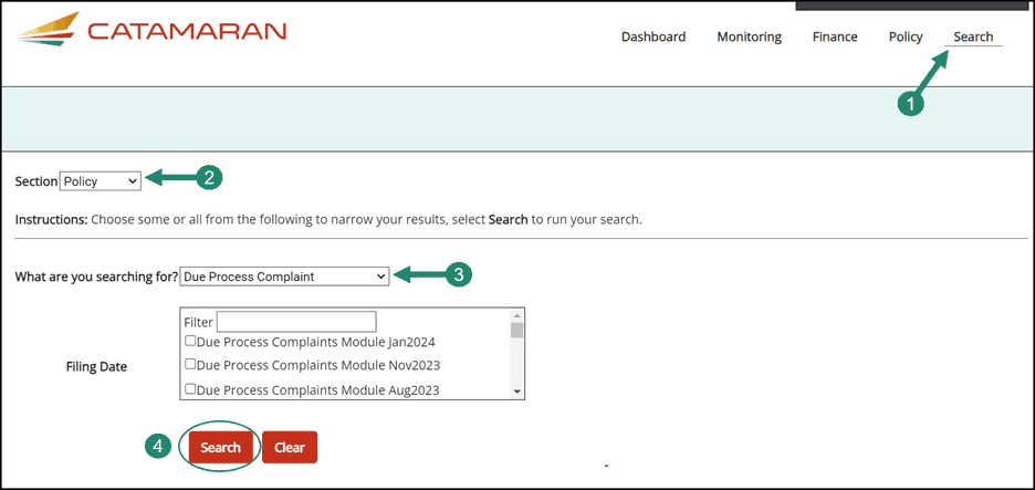 Search function shown with Policy as the section, and Due Process Complaint as the activity chosen.