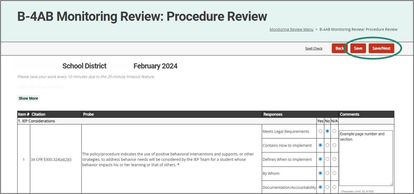 Monitoring Review: Procedure Review page shown with Save and Save/Next buttons encircled.