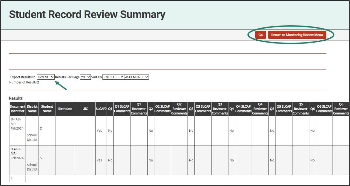 Student Record Review Summary page shown with Go and Return to Monitoring Review Menu buttons encircled.