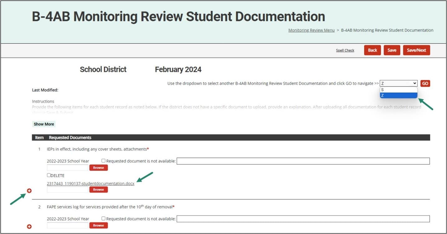 Monitoring Review Student Documentation page shown with emphasis on how to toggle between students and where to upload documentation.