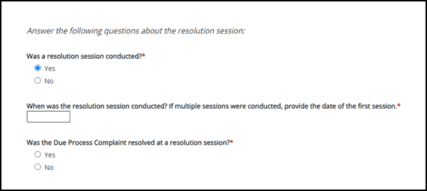 Screenshot of questions about the resolution session.