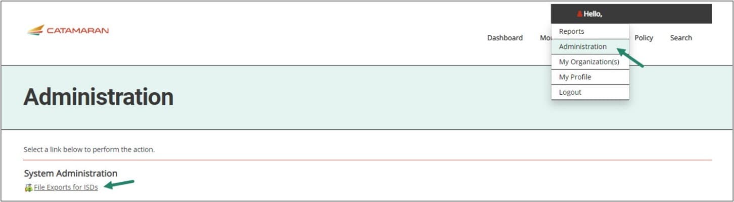 Administration page shown with arrow towards File Exports for ISDs.