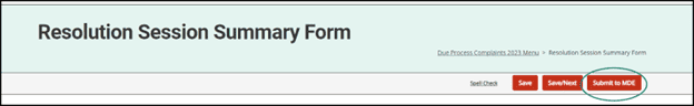 Resolution Session Summary Form header shown with circle around the Submit to MDE button.