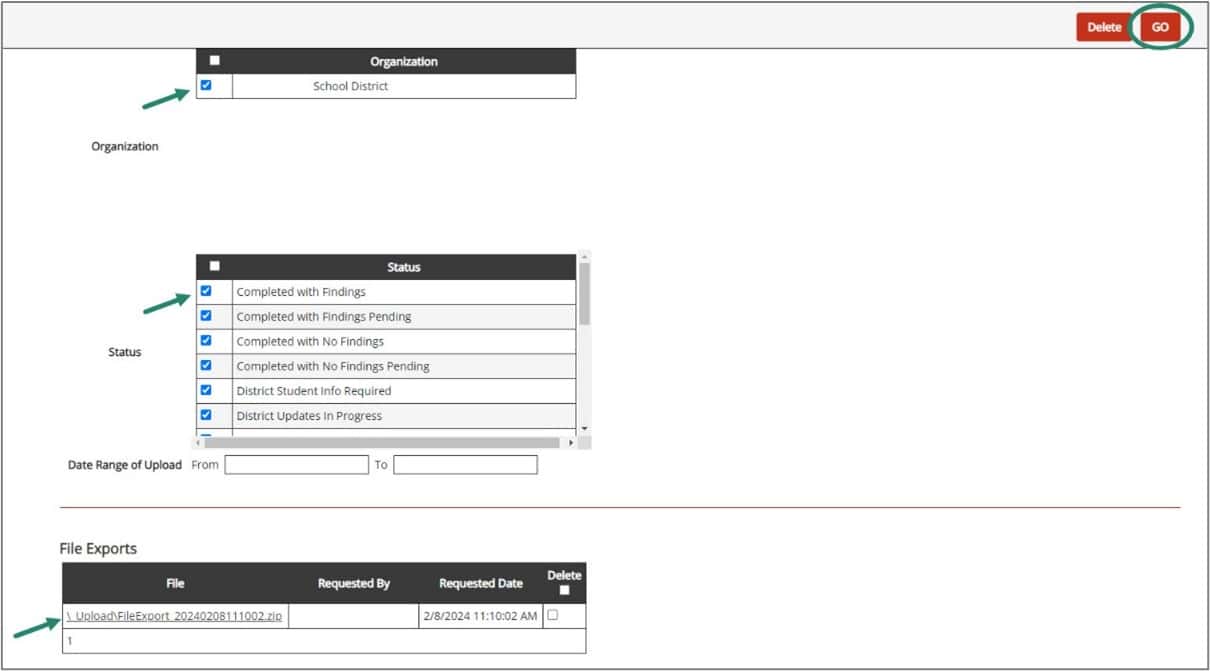 Organization, Status, and File exports emphasized with Go button encircled.