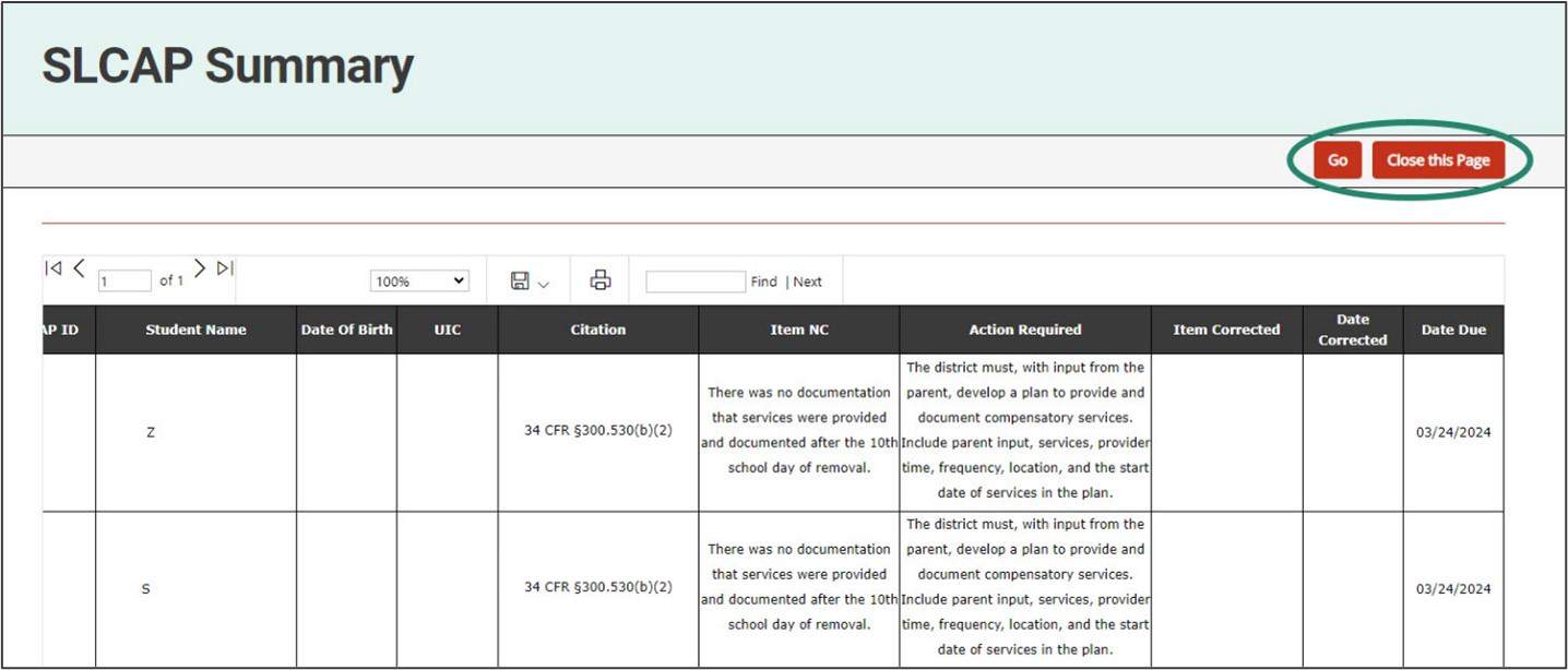 SLCAP Summary page shown with Go and Close this Page buttons encircled.