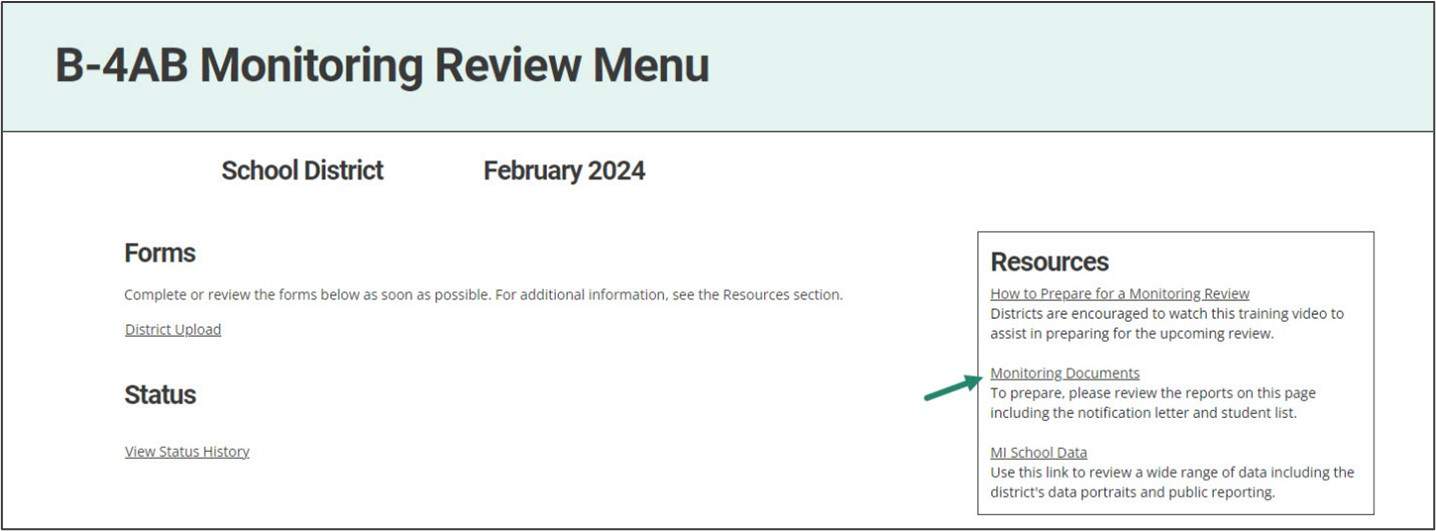 Monitoring Review Menu shown with arrow pointing towards the Monitoring Documents link.