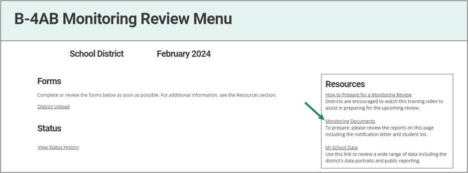 Monitoring Review Menu shown with arrow pointing towards the Monitoring Documents link.