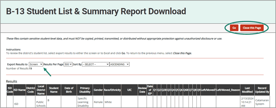 B-13 Student List & Summary Report Download screen with circle around Go and Close this Page buttons.