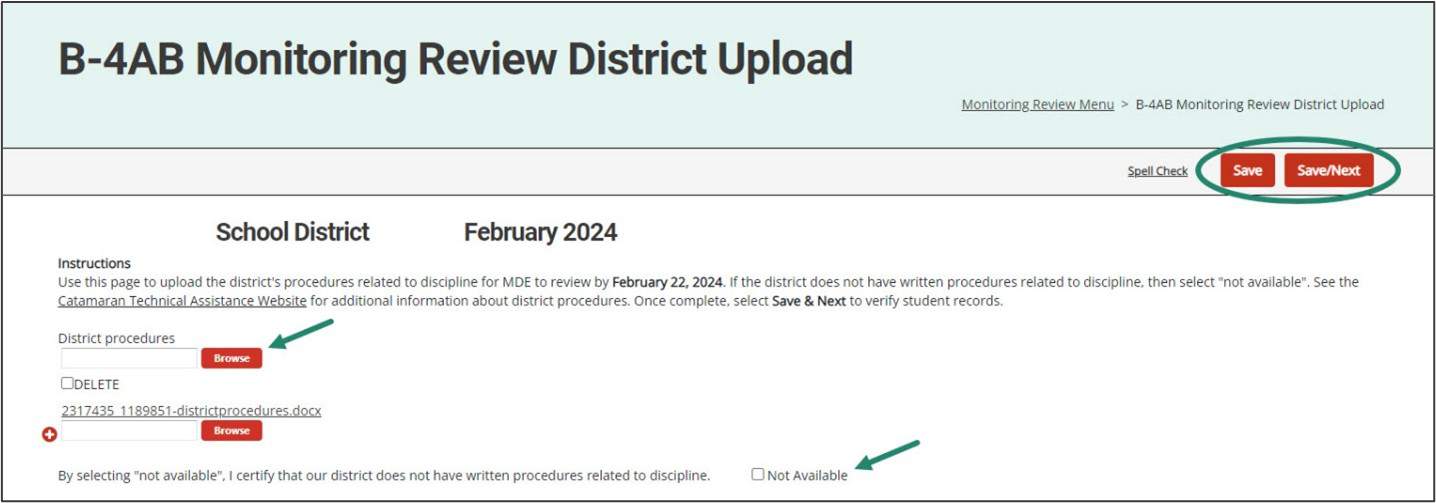 Monitoring Review District Upload page shown with emphasis on the Browse button, Not Available option, and Save or Save/Next buttons.