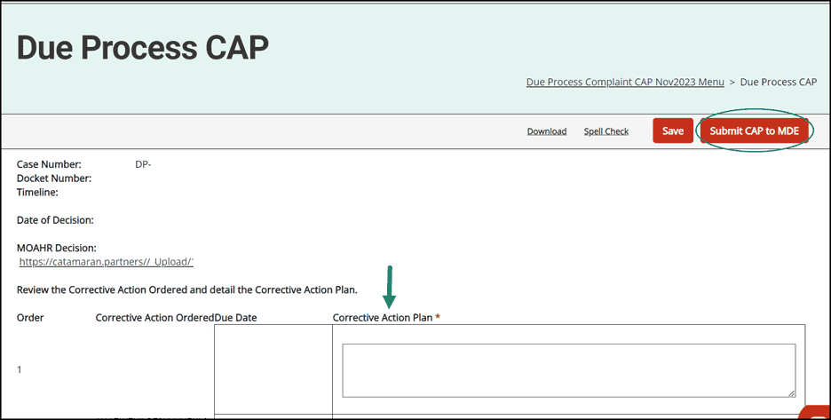 Due Process CAP activity shown with the Corrective Action Plan box highlighted, as well as Submit CAP to MDE button circled.