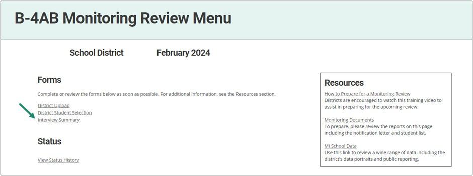 Monitoring Review Menu shown with arrow pointing towards Interview Summary link.
