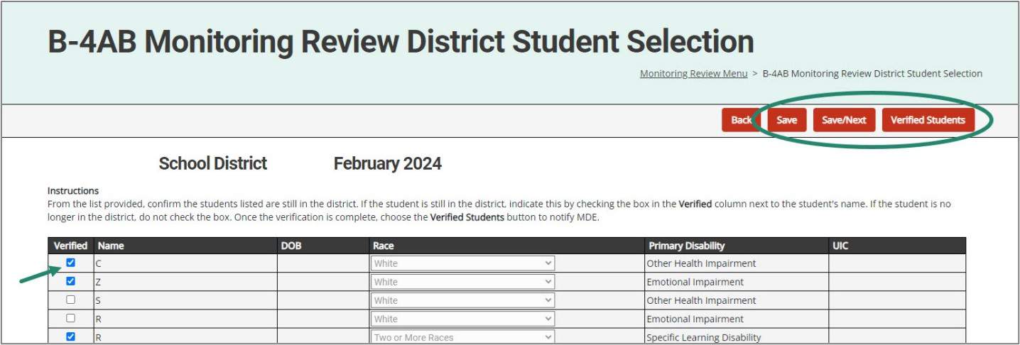 Monitoring Review District Student Selection page is shown with arrow towards verified students and Save/Next and Verified Students buttons circled.
