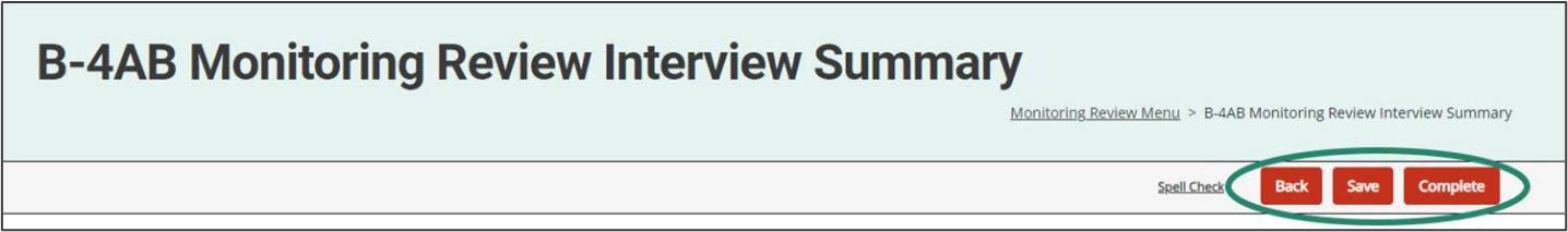 Monitoring Review Interview Summary page shown with a circle around the Back, Save, and Complete buttons.